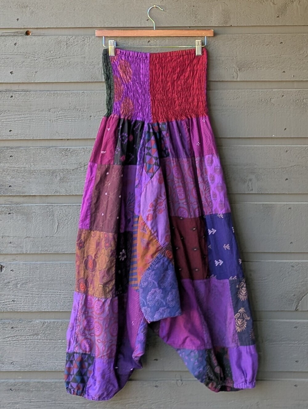 NWOT Bohemian Patchwork Magenta Purple Drop Crotch Harem Pants S/M 100% Cotton